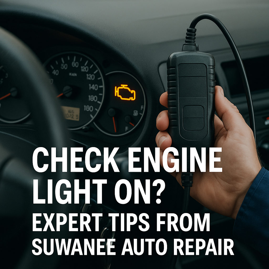 Check engine light illuminated on a car dashboard with tools and repair advice from Suwanee auto experts.