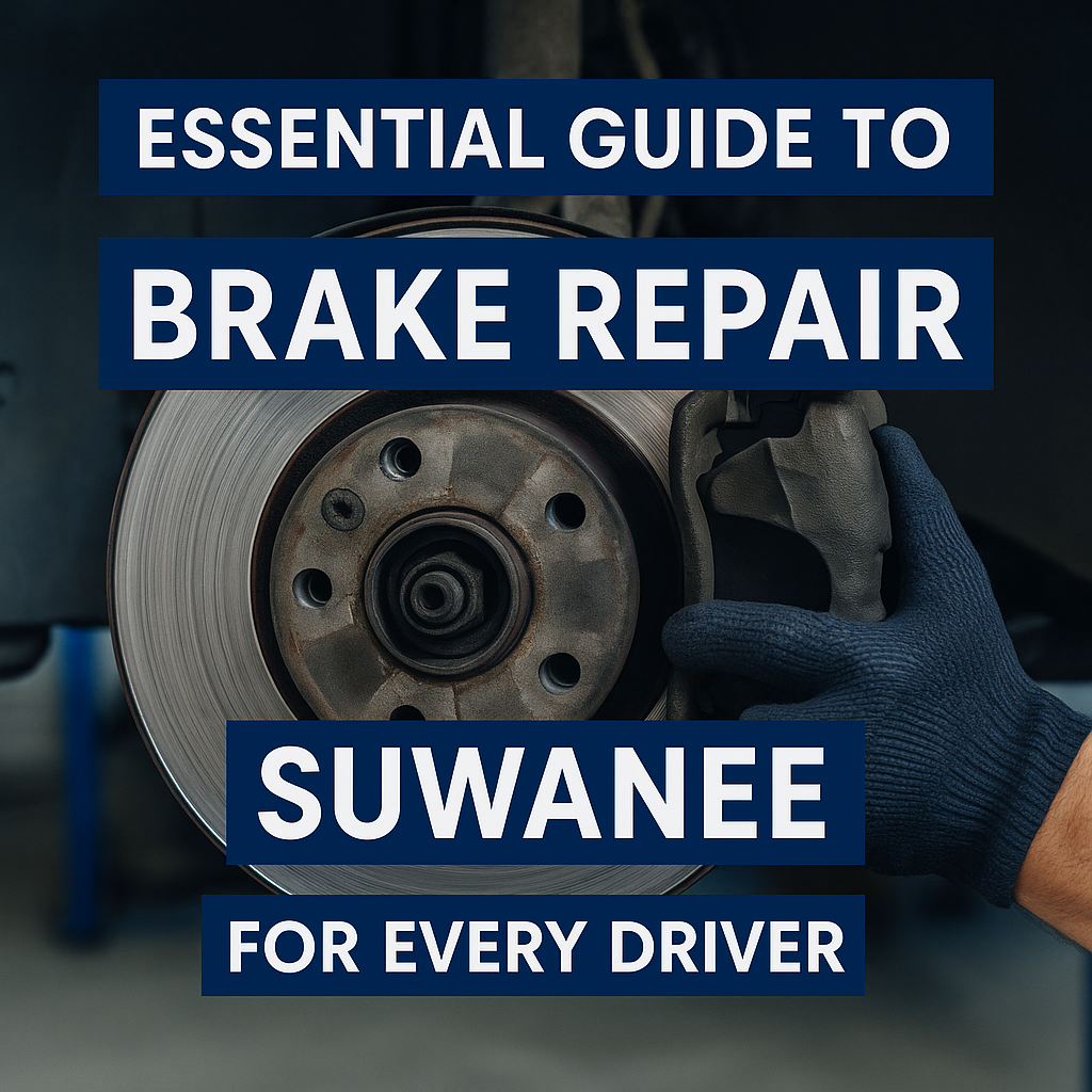 Image of a brake system with text overlay reading "Essential Guide to Brake Repair in Suwanee for Every Driver".