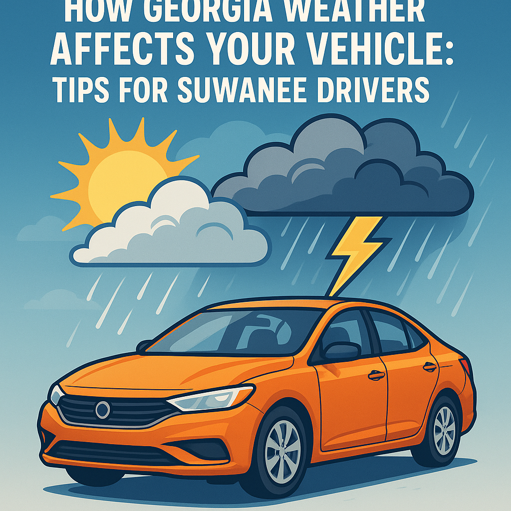 Image showing tips for Suwanee drivers on vehicle maintenance affected by Georgia's weather conditions.