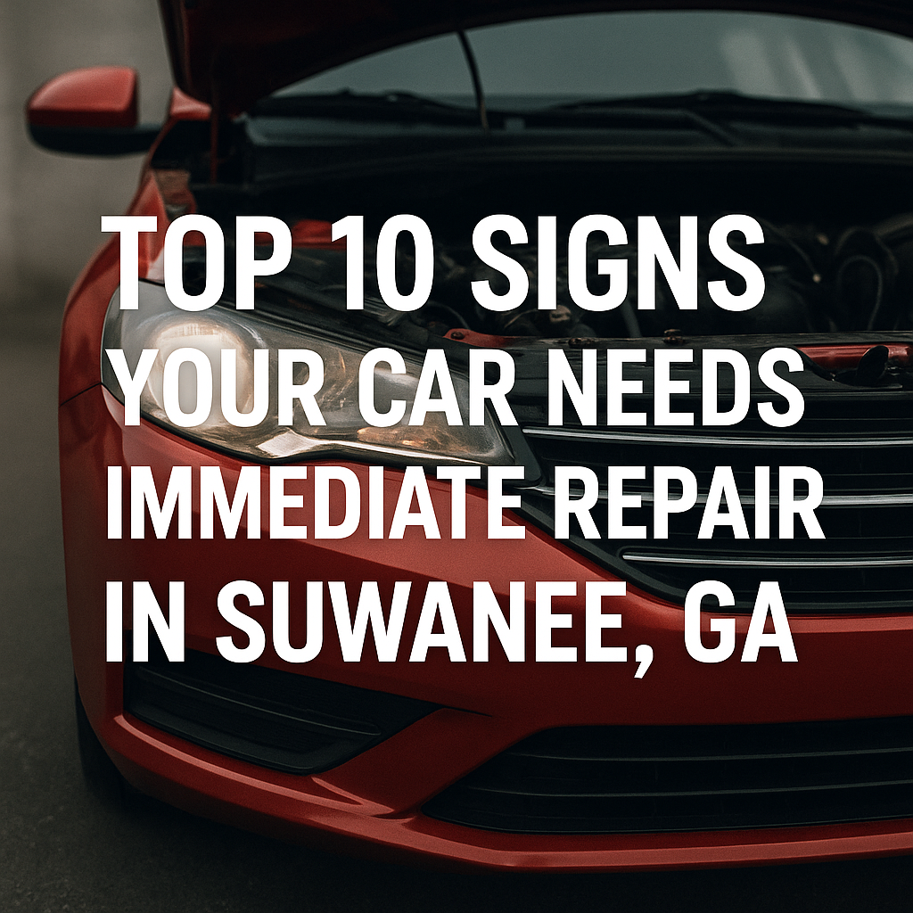 Close-up of a red car's hood opened, highlighting mechanical components, symbolizing urgent car repair signs.