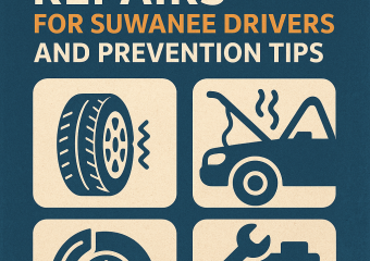 Graphic listing common car repairs and prevention tips for drivers in Suwanee, featuring vehicles and tools.