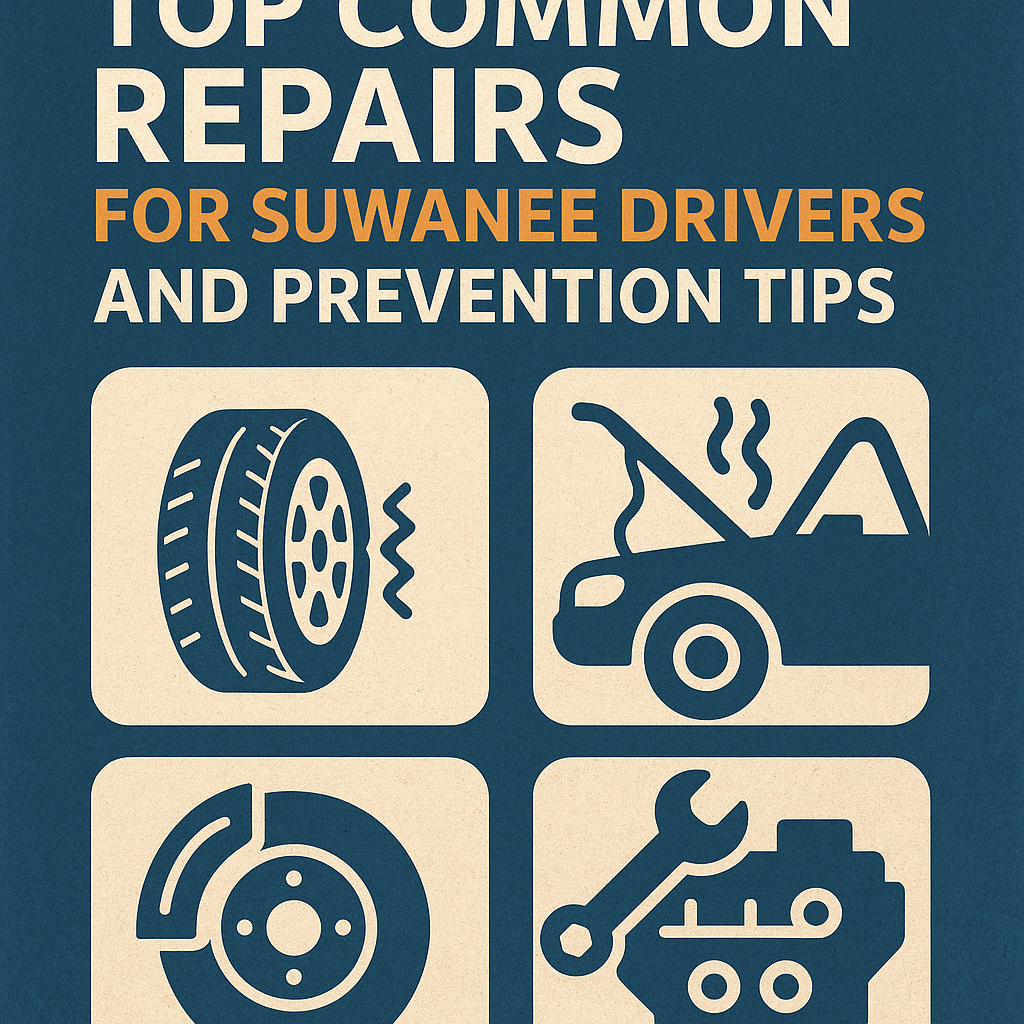 Graphic listing common car repairs and prevention tips for drivers in Suwanee, featuring vehicles and tools.