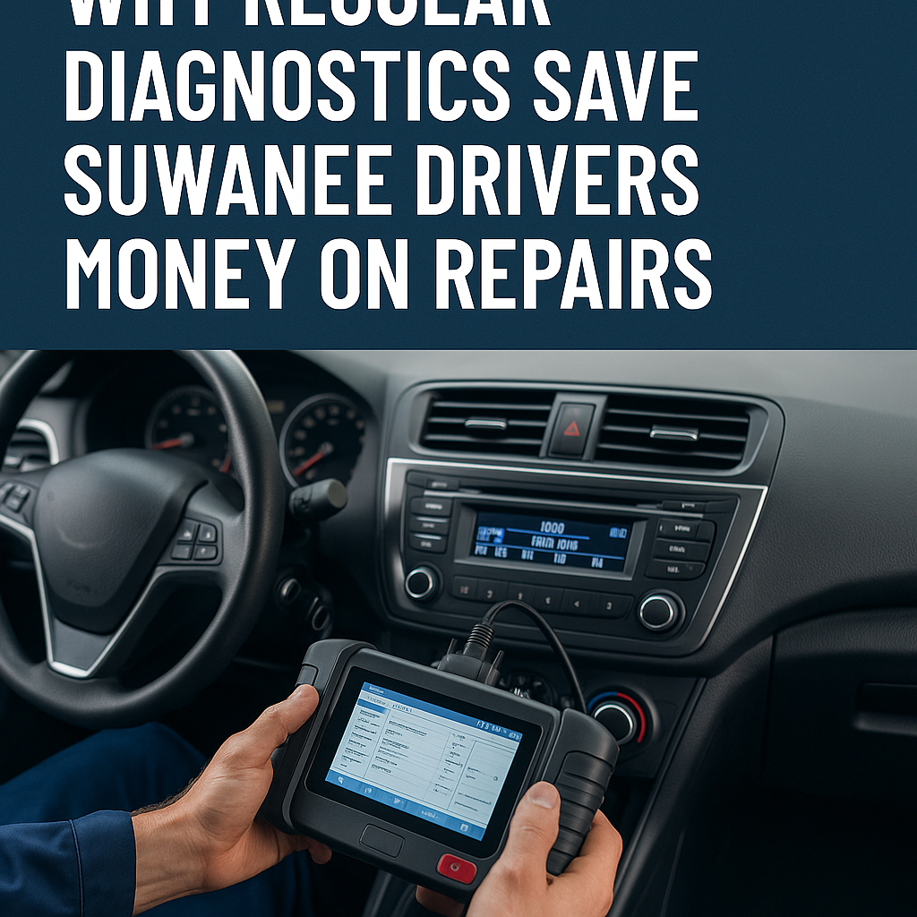Car mechanic using a diagnostic tool inside a vehicle to help save Suwanee drivers money on repairs.