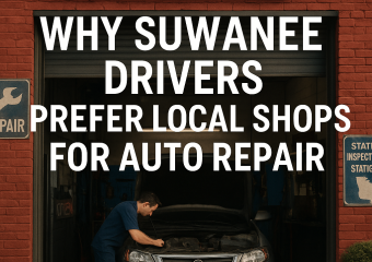 Local auto repair shop in Suwanee with mechanics servicing vehicles, highlighting community trust and personalized service.