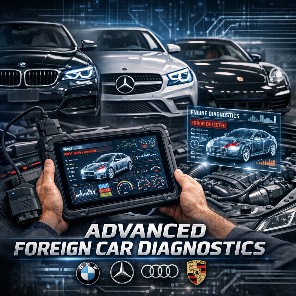 A technician uses high-tech tools to diagnose a car engine, with BMW, Mercedes, Audi, and Porsche logos visible.