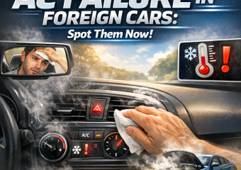 Dashboard showing warning lights with tip overlay on spotting AC failure signs in foreign cars.