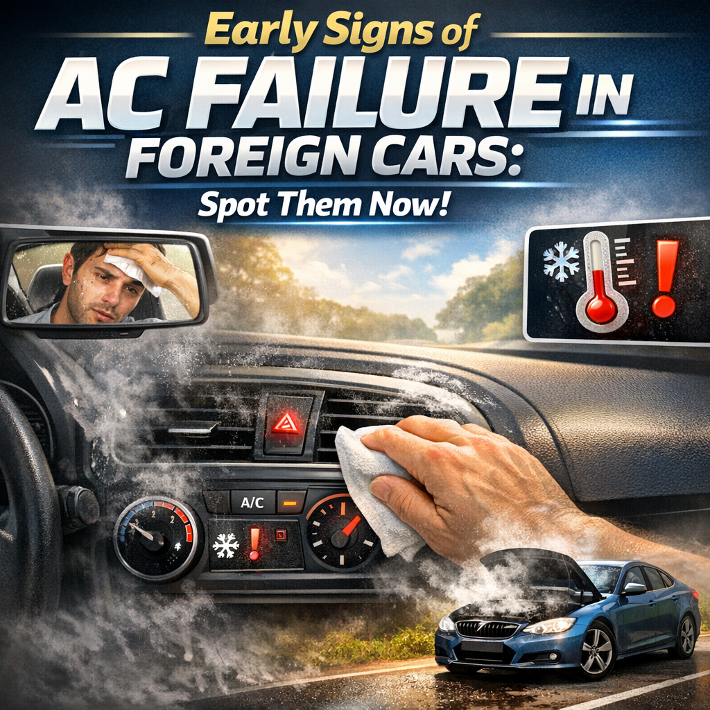 Dashboard showing warning lights with tip overlay on spotting AC failure signs in foreign cars.
