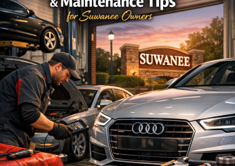 Mechanic working on an Audi engine in a Suwanee shop.