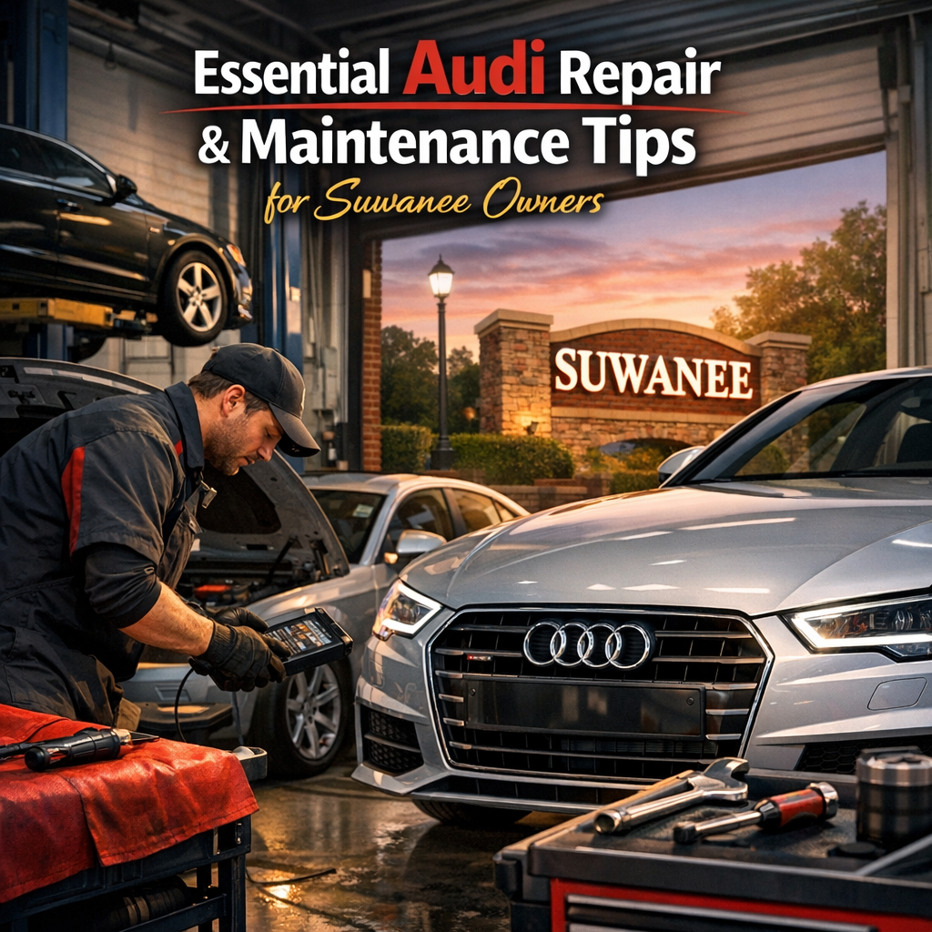 Mechanic working on an Audi engine in a Suwanee shop.