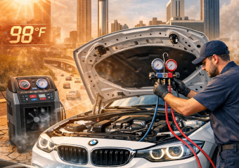 Technician servicing the AC of a BMW under the hot Georgia sun.