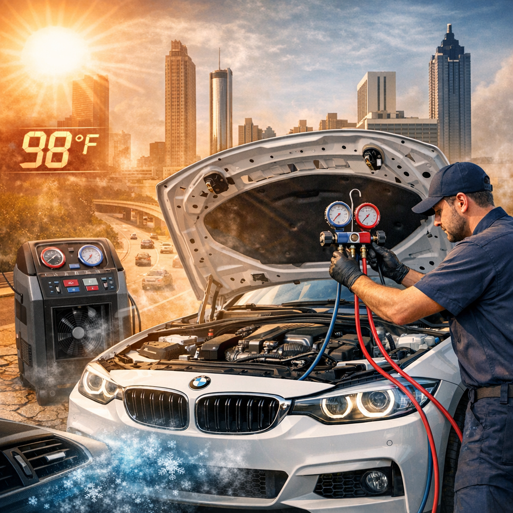 Technician servicing the AC of a BMW under the hot Georgia sun.
