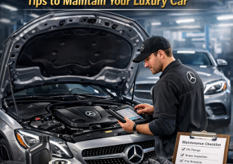 Expert mechanic checking a Mercedes-Benz engine with a maintenance checklist in hand.