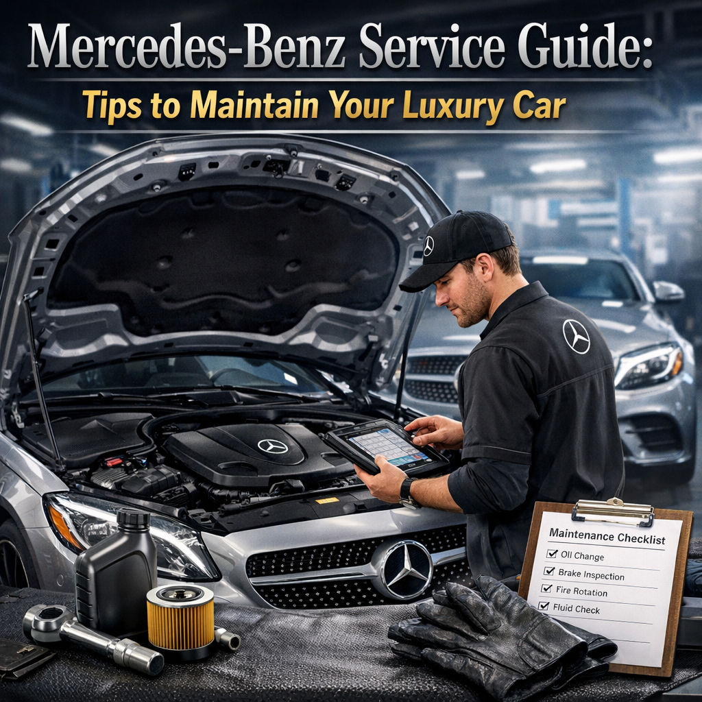 Expert mechanic checking a Mercedes-Benz engine with a maintenance checklist in hand.