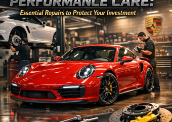 Porsche sports car receiving maintenance in an auto shop for performance care.