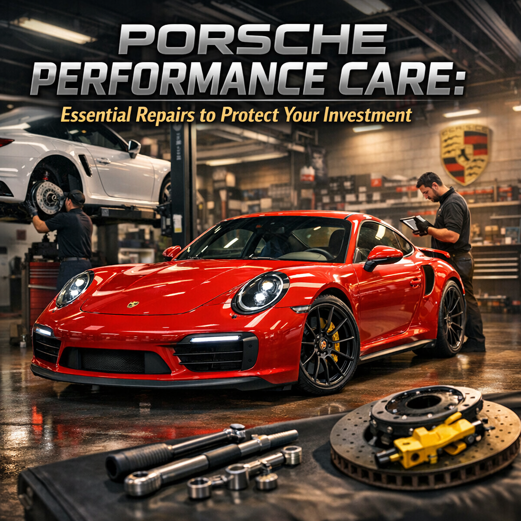 Porsche sports car receiving maintenance in an auto shop for performance care.