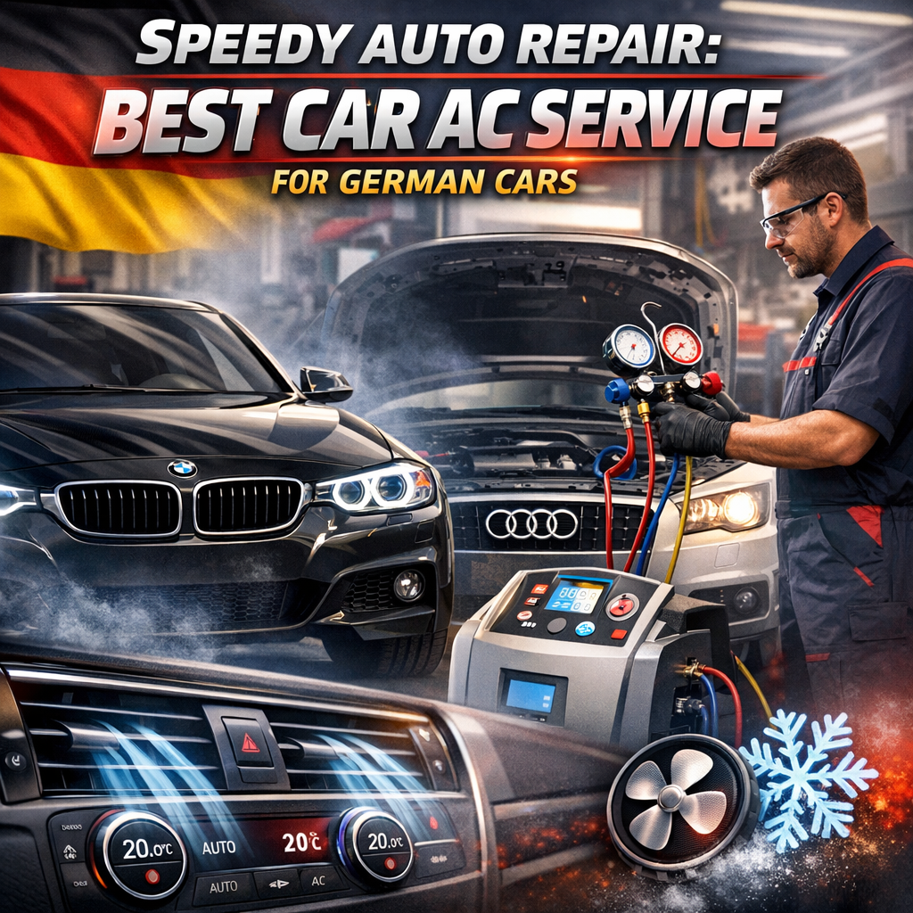 Mechanic servicing the AC of a German car in an auto repair shop.