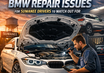 Mechanic inspecting a BMW engine, highlighting common repair issues for Suwanee drivers.