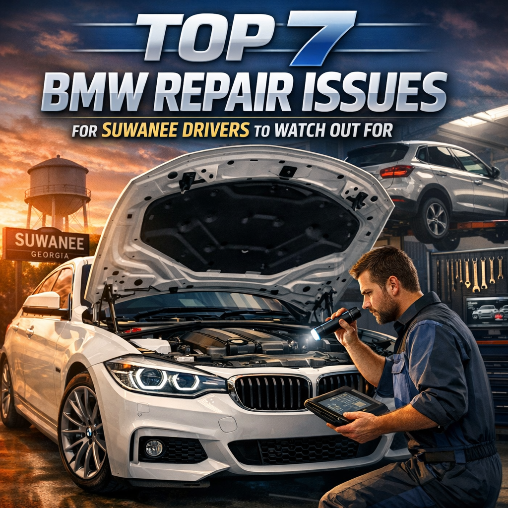 Mechanic inspecting a BMW engine, highlighting common repair issues for Suwanee drivers.