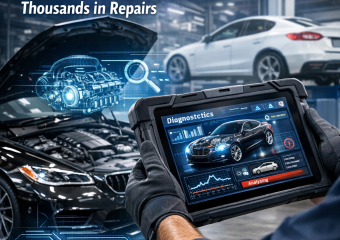 Technician using advanced diagnostics on a luxury car in Suwanee service bay