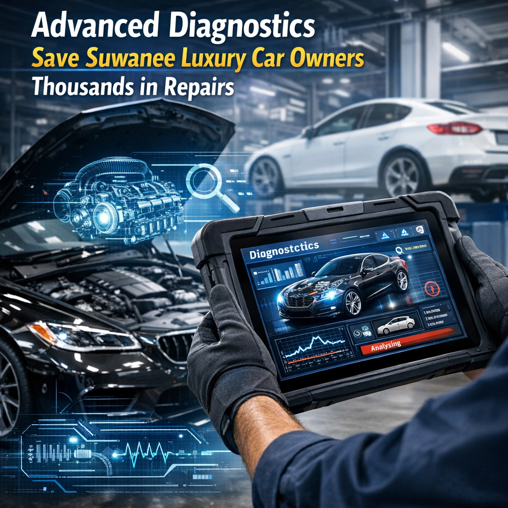 Technician using advanced diagnostics on a luxury car in Suwanee service bay