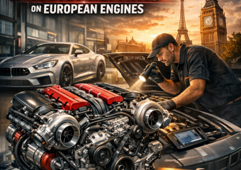 Mechanic inspecting a high-performance European engine with maintenance tools in a workshop