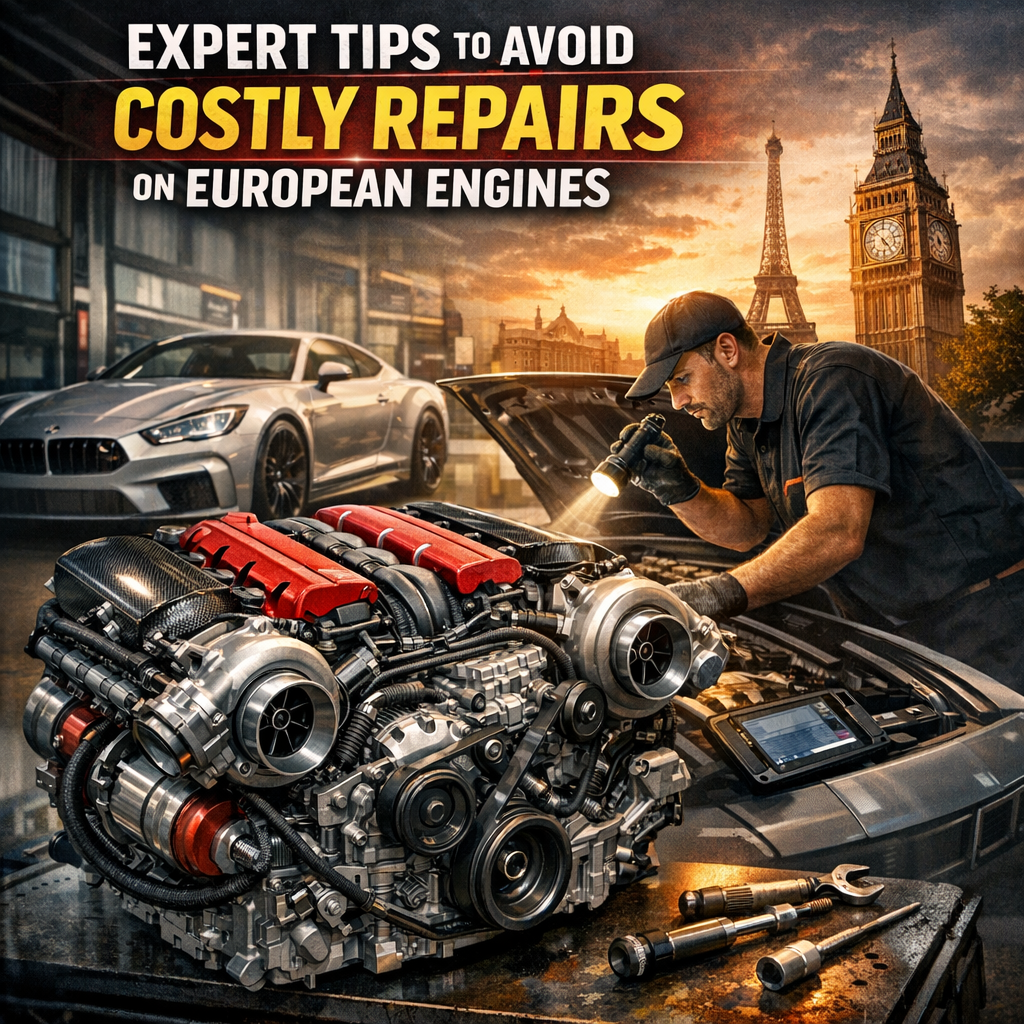 Mechanic inspecting a high-performance European engine with maintenance tools in a workshop