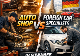 Comparison graphic of general auto shops versus foreign car specialists in Suwanee