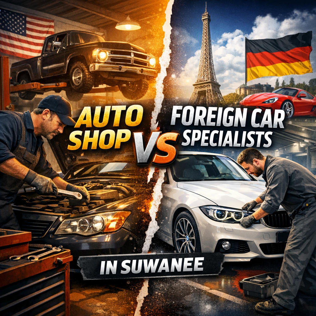 Comparison graphic of general auto shops versus foreign car specialists in Suwanee