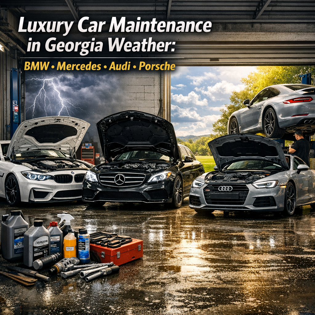 Luxury car maintenance for BMW, Mercedes, Audi, and Porsche in Georgia weather conditions