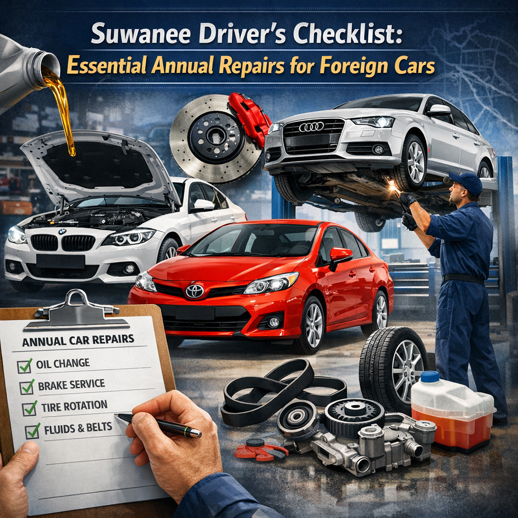 Checklist for annual foreign car repairs: oil change, brake service, tire rotation, and fluid checks