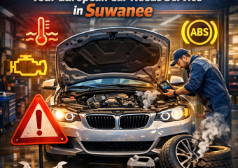 Dashboard warning icons and a car alerting that it needs European car service in Suwanee