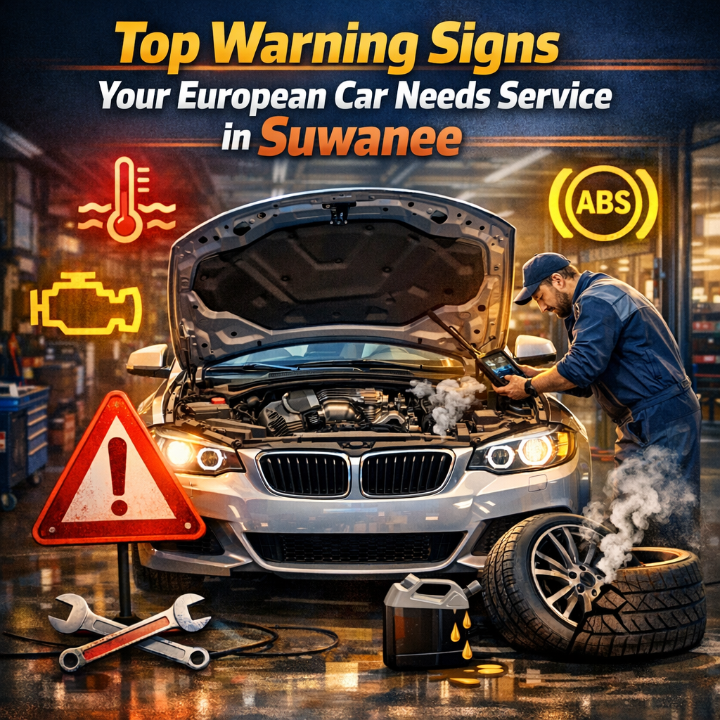 Dashboard warning icons and a car alerting that it needs European car service in Suwanee