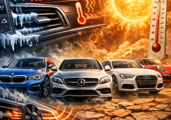 Luxury BMW, Mercedes, Audi, and Porsche cars overheating in Georgia heat with AC failure warning icons