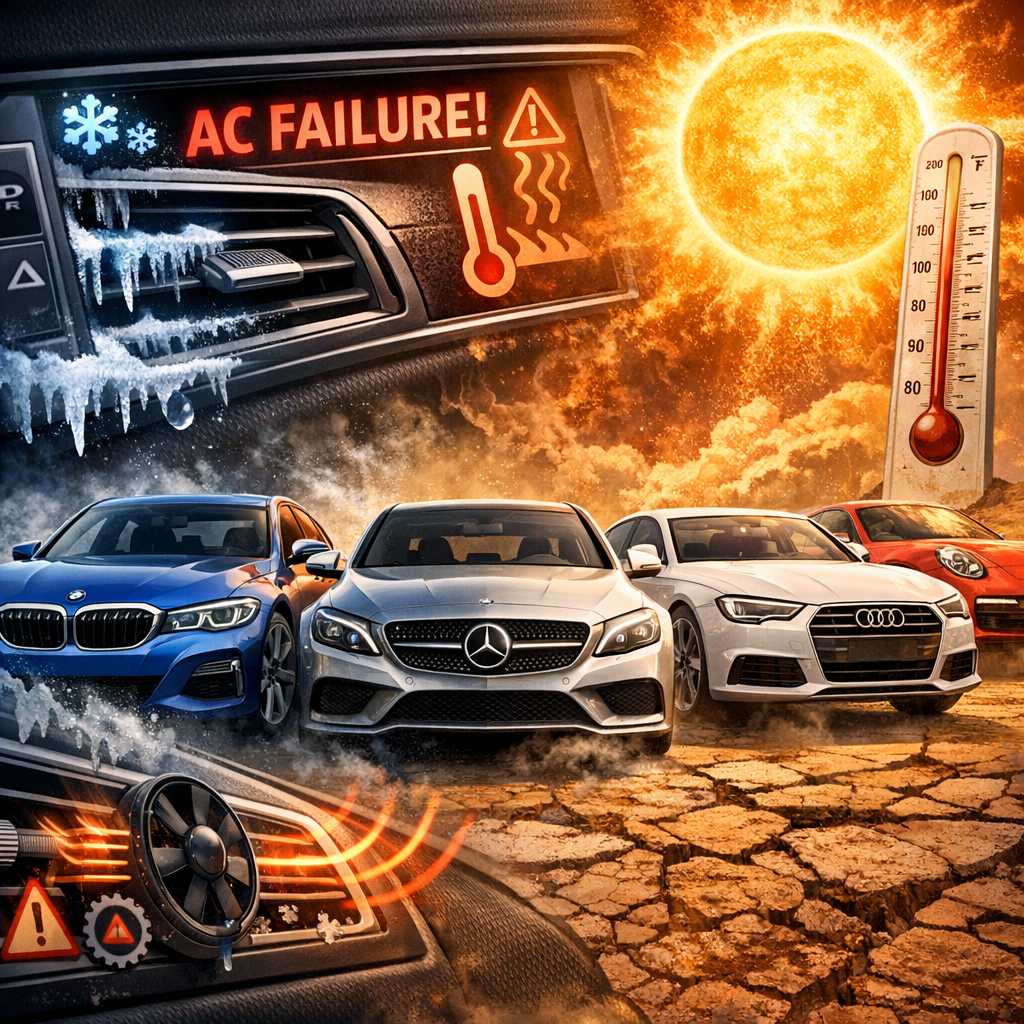 Luxury BMW, Mercedes, Audi, and Porsche cars overheating in Georgia heat with AC failure warning icons